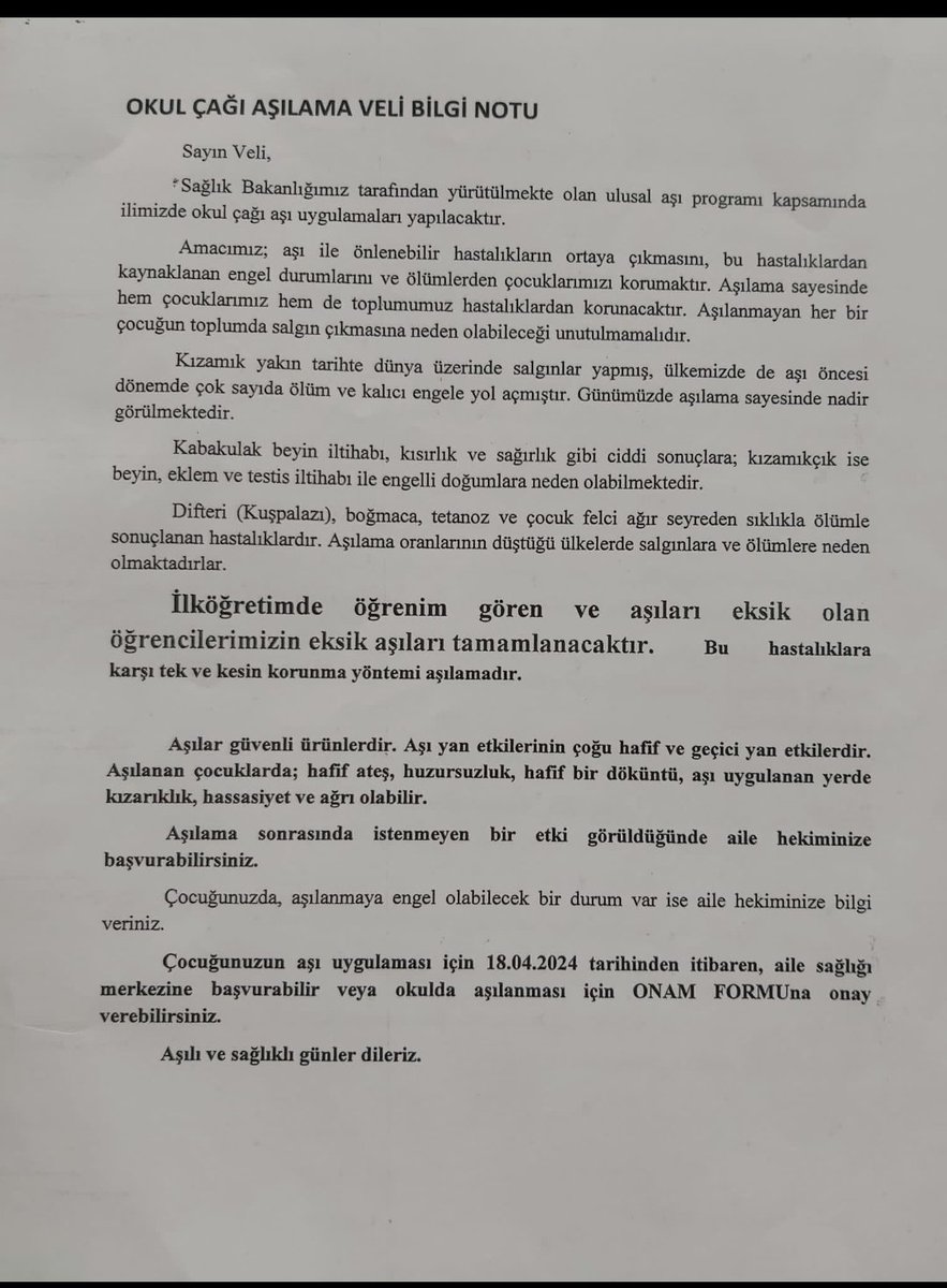 Böyle bir yazı alırsanız; Okula; 'Velisi olduğum.........TC. numaralı ........hakkında, vücut bütünlüğüne saldırı ve tıbbi müdehale anlamına gelen hiç bir aşı uygulamasına müsadem yoktur, aykırı davranan yetkili ve sorumlular hakkında suç duyurusunda bulunacağımı, 👇👇👇.