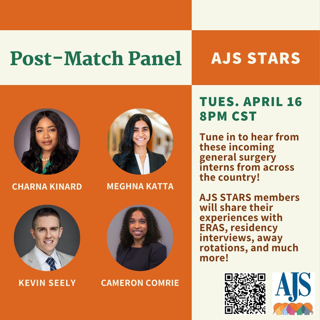 Excited to host this Post Match Panel on Tuesday 4/16 @ 8pm CST ✨@cameronecomrie ➡️@MGHSurgery ✨@meghna_katta ➡️@WashUSurgRes ✨@Status_CKinard ➡️@WiscSurgery ✨@kevindseely ➡️@MercyOne_Iowa Register here: tinyurl.com/Match2025 #Match2024 #Match2025