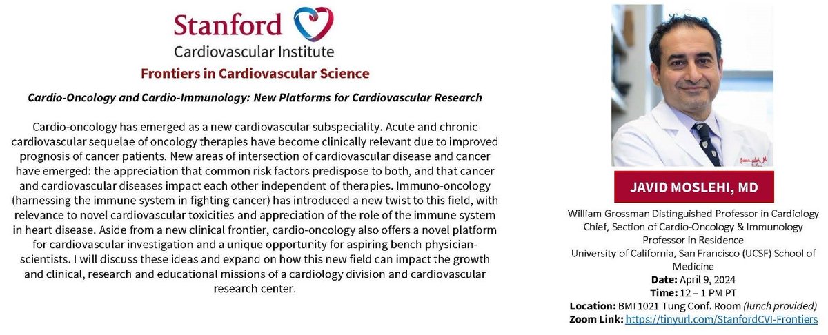 Please join @StanfordCVI on Tue 4/9 at 12-1 pm PST by Dr. Javid Moslehi @CardioOncology speak on #Cardioimmunology. tinyurl.com/StanfordCVI-Fr… @StanfordDeptMed @vascularbiology @Stanford_ChEMH @SeanM_Wu @BCVSearlyCareer @ATVBCouncil @ATVBEarlyCareer @Cardioonc_bot @CardioOncCOIN