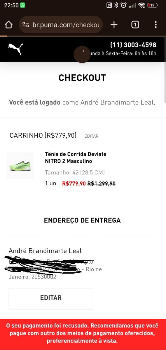 andrebleal's tweet image. Por favor @pumabrasil só estou tentando comprar o tênis no cartão de crédito. Faz 2 dias que estou tentando. Só quero finalizar pra dar de presente pro meu irmão. E está dando esse erro simplesmente por optar por crédito. ME AJUDA!