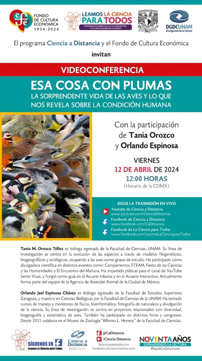 El próximo viernes 12 de abril disfruta de la videoconferencia
'Esa cosa con plumas, la sorprendente vida de las aves y lo que nos revela sobre la condición humana' con #TaniaOrozco y #OrlandoEspinosa. 
A las 12 hrs por las redes de #CienciaADistancia y #LeamosLaCienciaParaTodos.