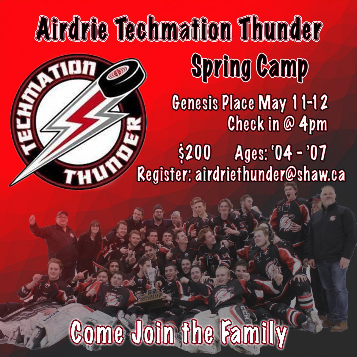 Official spring camp dates are here!! If you are interested in joining the thunder family, be sure to register 🌩️ When: May 11-12 Where: Genesis Place Check in is at 4pm on the 11th at Genesis. We hope to see you there for a great weekend🏒 #airdriethunder
