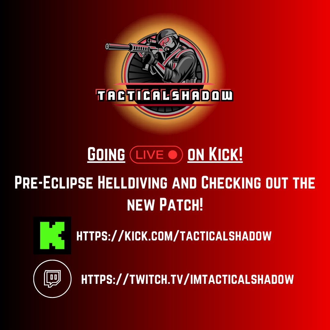 tacticalshadoww's tweet photo. Happy Friday! We're doing some pre-eclipse helldiving tonight AND checking out the new patch! Come join the stream over on Kick where we will be fighting off the last remaining forces of the Automatons as they make their push towards redemption!

https://t.co/LUr7YBQifu https://t.co/Gydetx4nbW