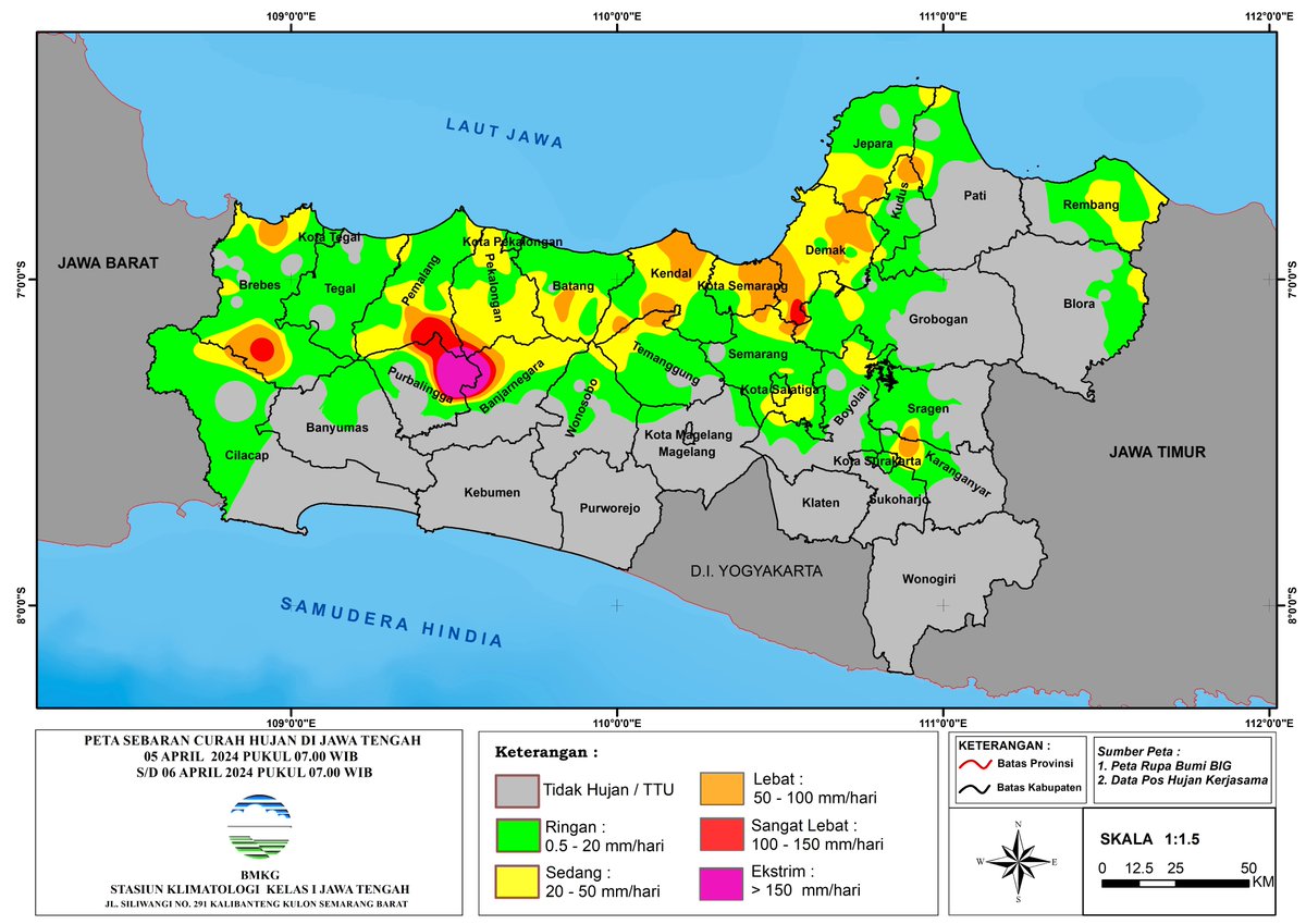 distribusi curah hujan jawa tengah tanggal 5 april 2024 pukul 07.00 wib- 6 april 2024 pukul 07.00 wib