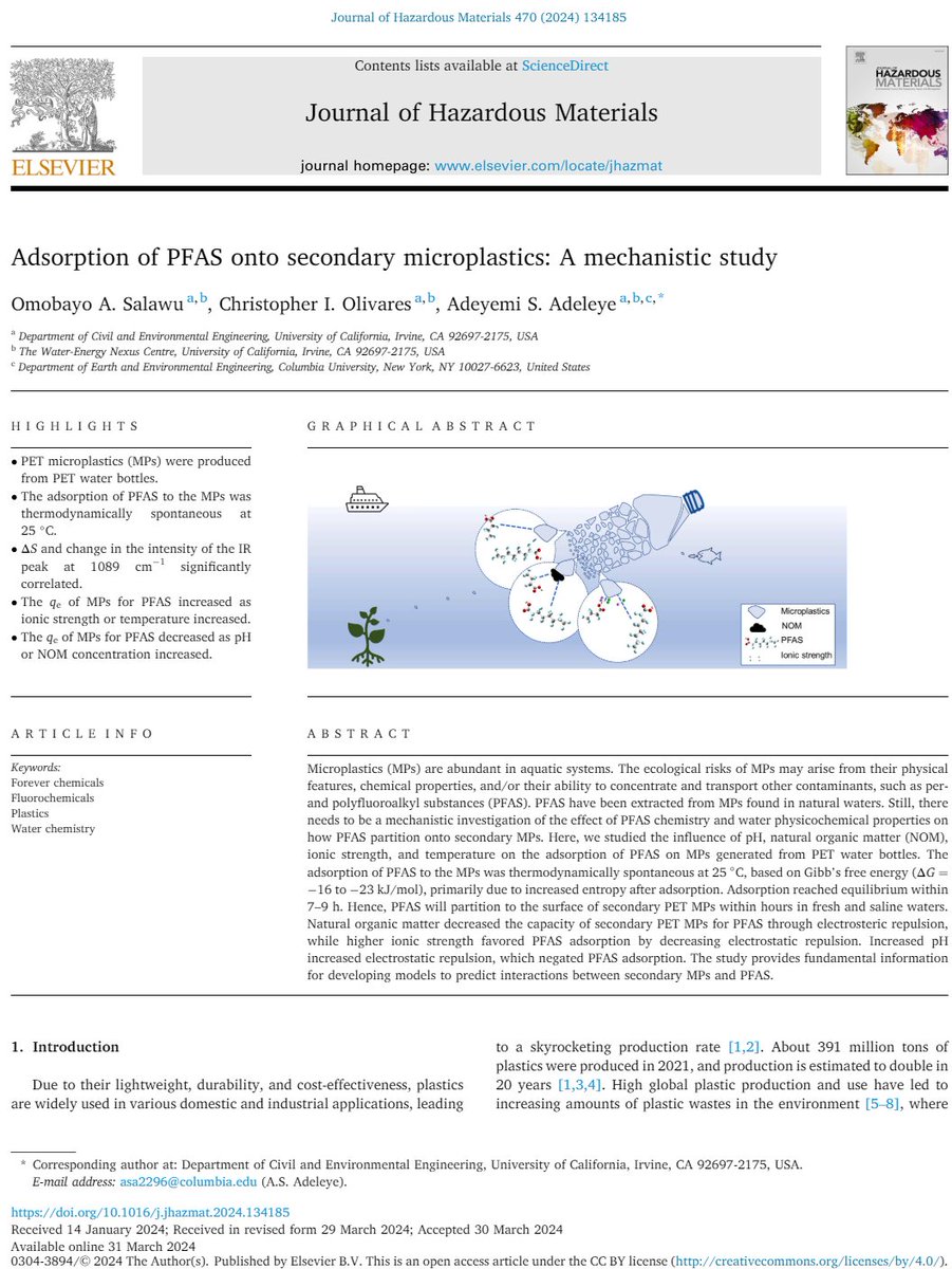 PFAS and microplastics are important environmental contaminants. In this study, led by @alayo_salawu07 and published in @HAZMAT_journal, we studied interactions between secondary microplastics and PFAS. doi.org/10.1016/j.jhaz… Nice to collaborate with @chrisolivare.