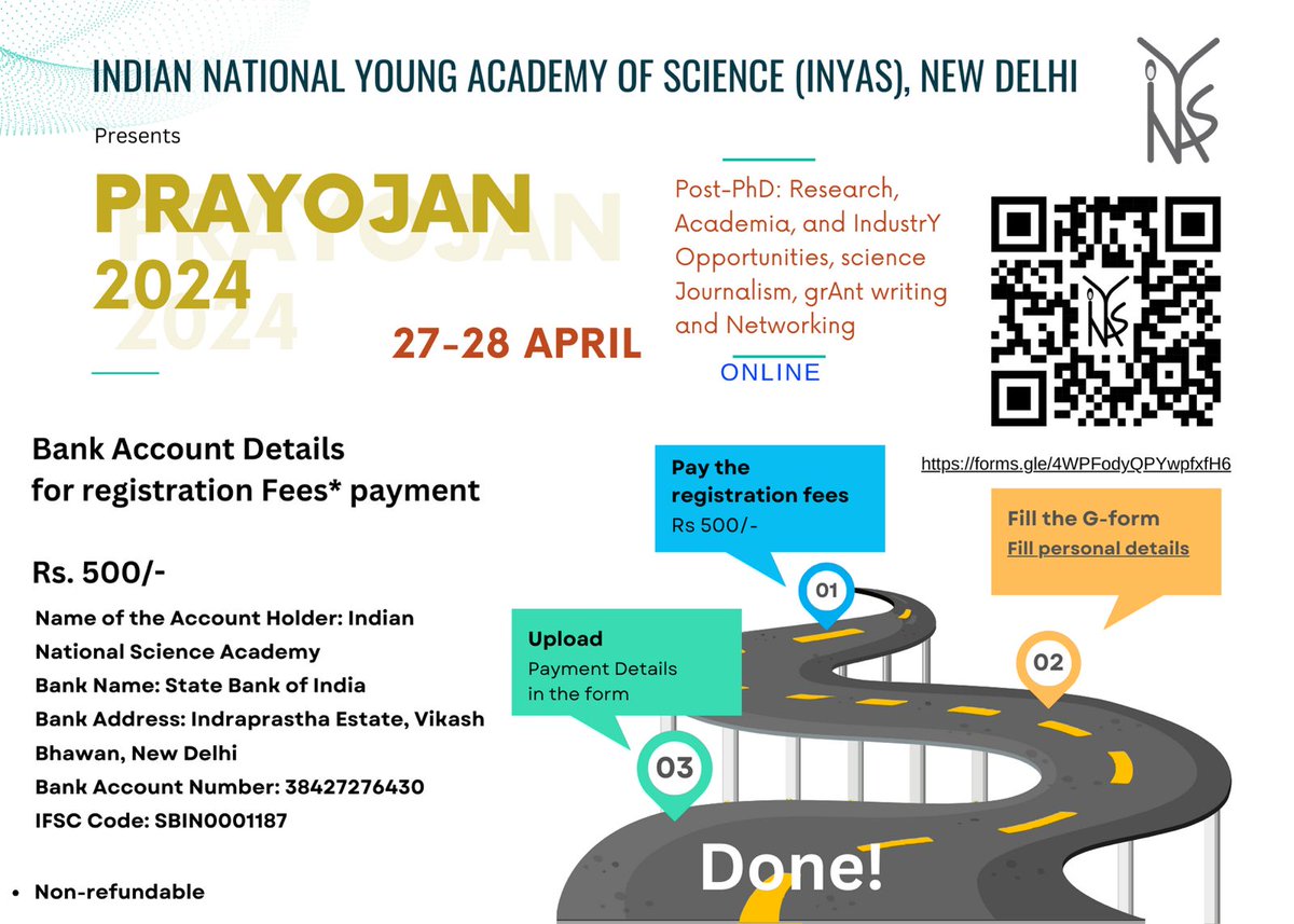 🎯🚀INYAS is happy to open the online registration for its Flagship Program PRAYOJAN 2024. Ph.D. Student, Postdocs, Research Aspirants, Young Researchers and Scientists are encouraged to register using the google form link below: forms.gle/4WPFodyQPYwpfx…