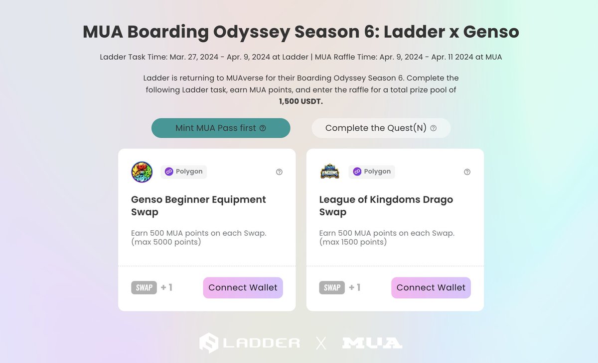 ⏳ Only 5 days till we drop a 💥1,500 USDT💥 bomb in the MUA Boarding Odyssey S6 with @Ladder_NFT & @genso_meta! 🚀 🎁 Raffle Time: Apr 11 (start) to Apr 12 (end), right here 👉 muaverse.build/boarding. 🎯 Rack up those Odyssey points beforehand by conquering tasks on Ladder 🌟…