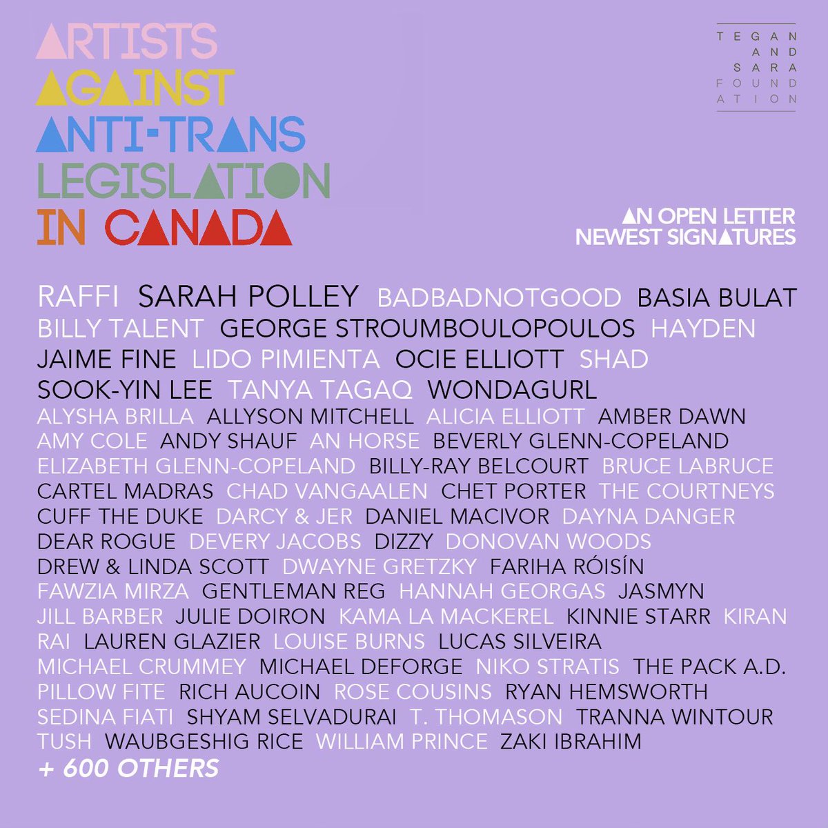 More than 200 additional artists living in and hailing from Canada have signed onto our Open Letter: Artists Against Anti-Trans Legislation, bringing us to more than 600 standing in solidarity against this concerning rise in discriminatory proposed policy. teganandsarafoundation.org/open-letter
