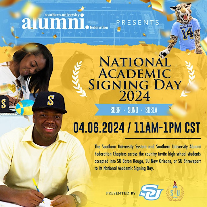 Each year, the SU Alumni Federations hosts National Academic Signing Day for students who will be attending SUBR, SUSLA and SUNO in each of the respective communities. Join us Saturday. ow.ly/mf2c50R9LqM