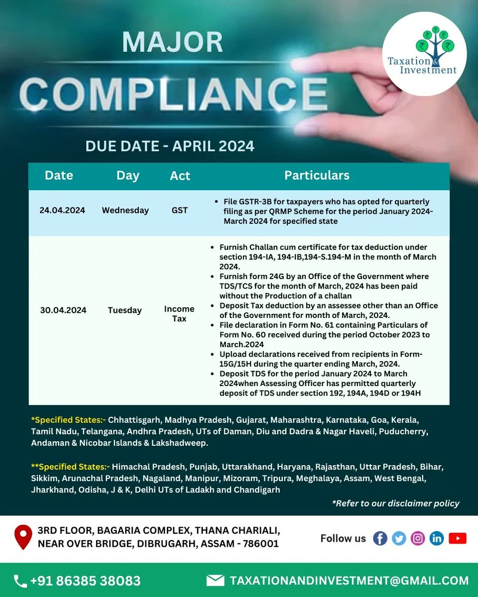 MAJOR COMPLIANCE DUE DATE - APRIL 2024

#tds #tcs #pf #gstr1 #gstr3b #gstr2b #gstr5 #gstr7 #esi #cmp08 #major #compliance #due #date #April #2024 #incometax #gst #taxpayers #India
