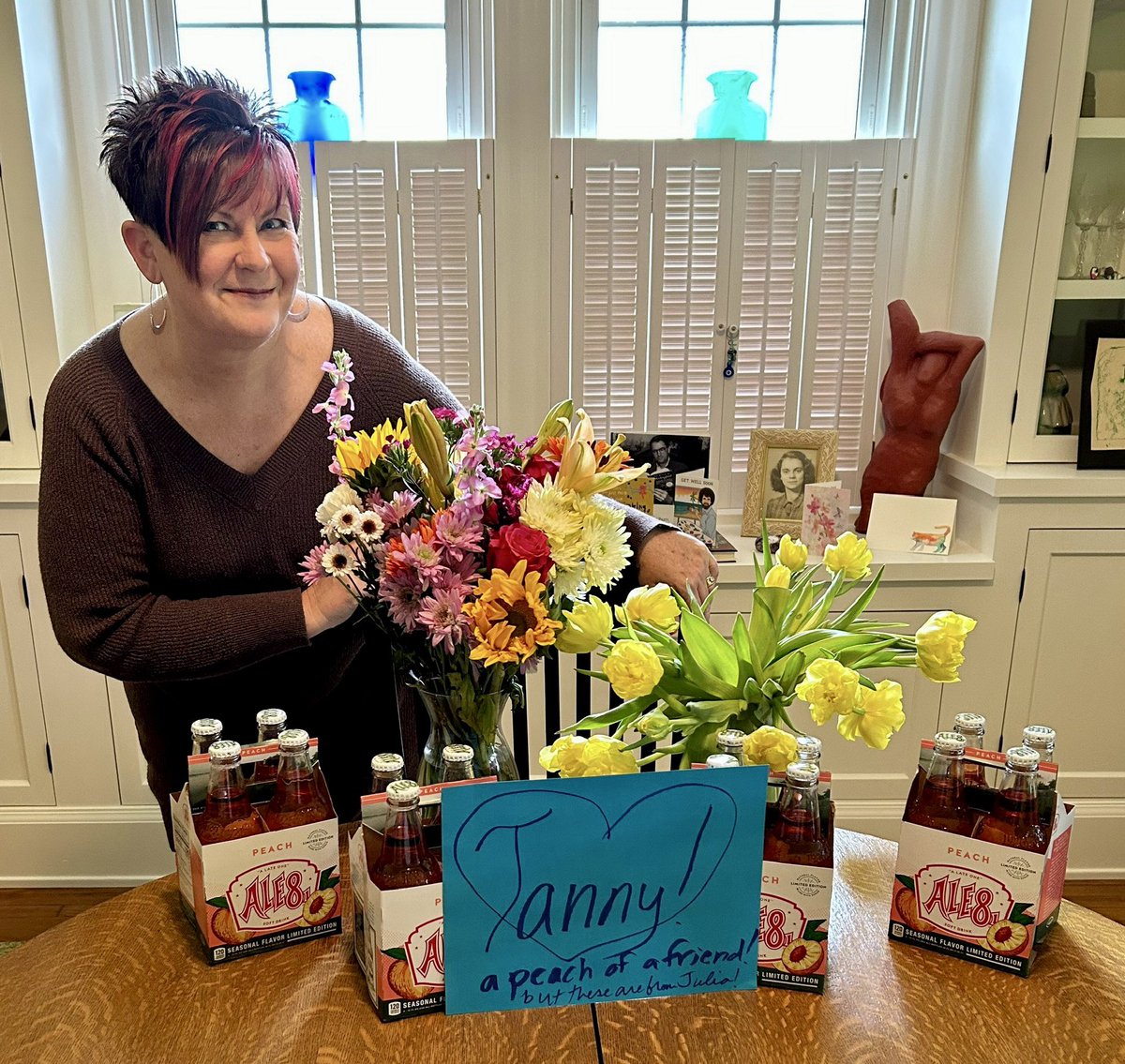 TannyMcG's tweet photo. 16 bottles of peach @Ale8One from a kind KY friend who knew the release date, hopped into the car, and drove to a grocery store in a nearby town. Thoughtfulness like this inspires me to be a more creative giver. #Only15Left ๐ https://t.co/Sh79J8Cn8L