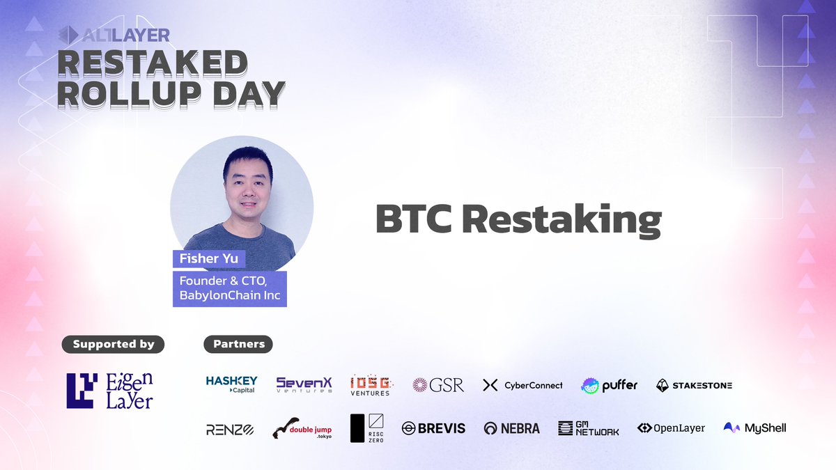 🇭🇰 Speaker Reveal: Restaked Rollup Day 🇭🇰 @babylon_chain's @baby_fisherman will tell us all about utilizing $BTC and @Bitcoin for restaking.