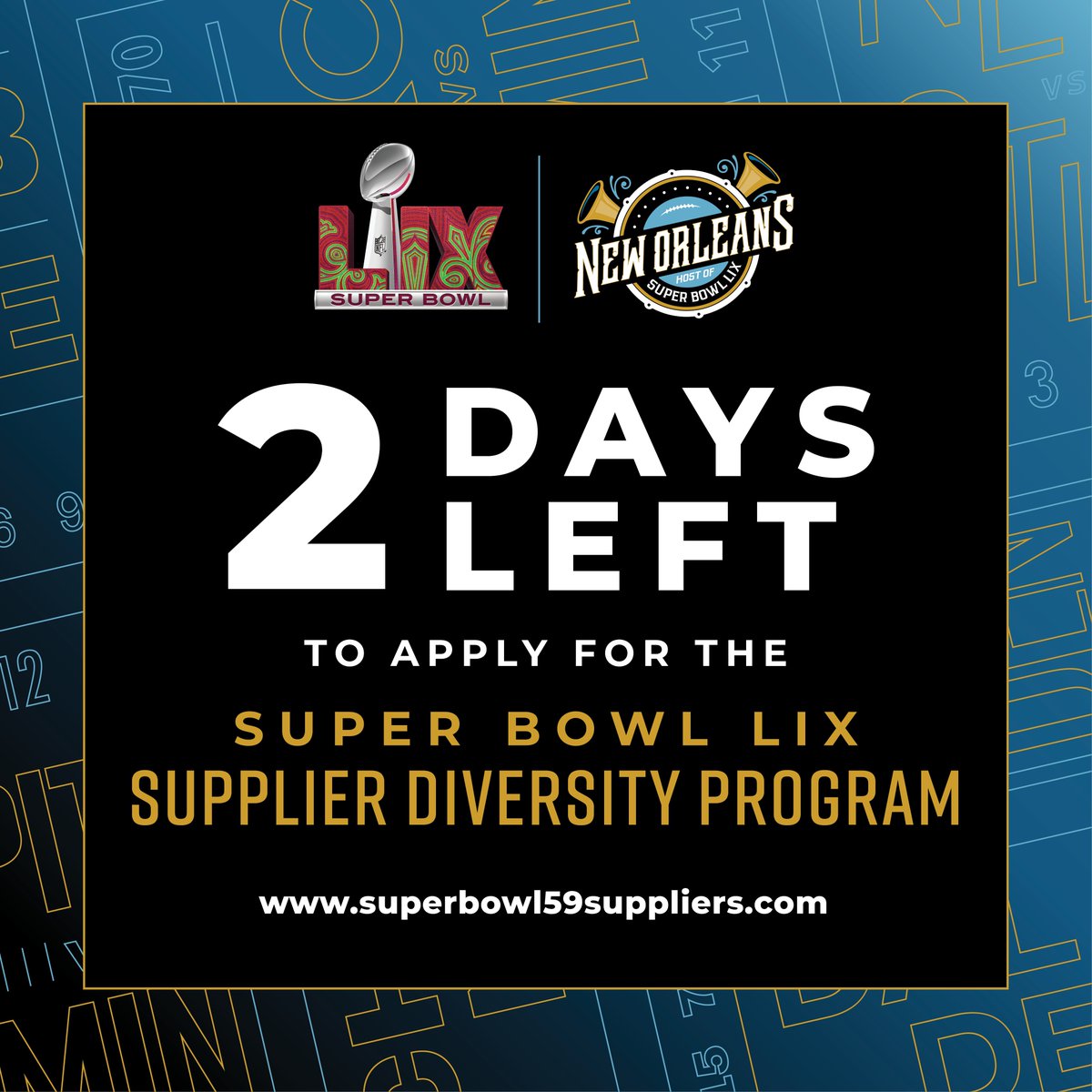 The NFL and @nolasuperbowlhc want to engage opportunity-ready businesses within Greater New Orleans to support the production of Super Bowl LIX. The deadline to apply is Sunday, April 7. To learn more visit superbowl59suppliers.com