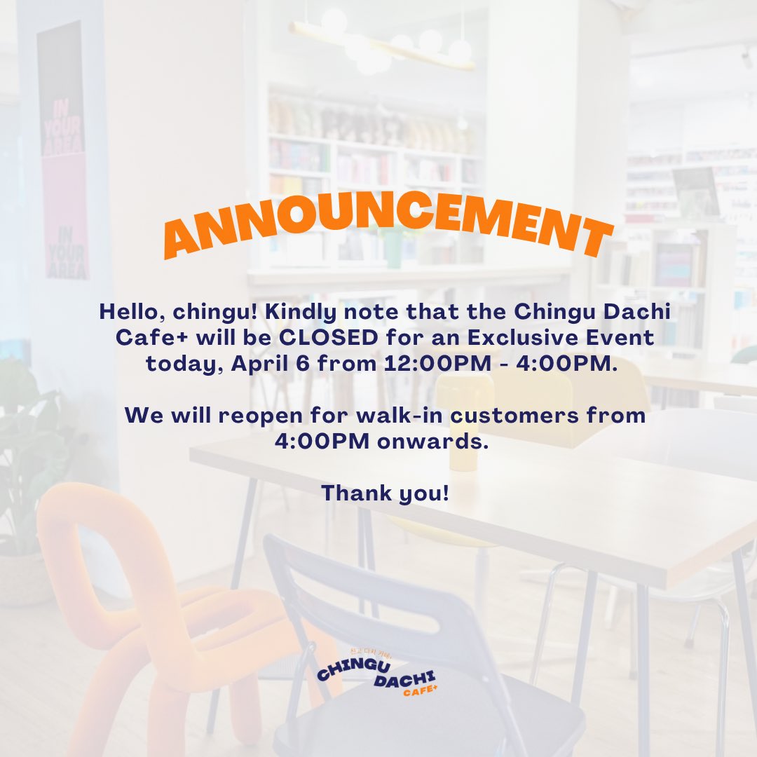 ChinguDachi's tweet image. Hi, chingu! Kindly take note of our cafe hours for today, April 6 ☕️

📍 2/F 1655 Piy Margal cor. Don Quijote st., Sampaloc, Manila We're 2 blocks away from UST Hospital gate, and above 7eleven
🕐 Tuesday-Sunday | 12:00PM to 9:00PM

#cafemanila #koreancafe #kcafe