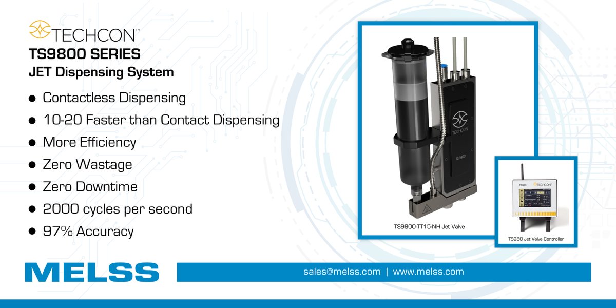 melssindia's tweet image. We bring you the TS 9800 Series #Dispensing systems from #TechconSolutions which deliver fluids in a contactless mode &amp;amp; dispense 10-20 times faster than a contact dispense process. The in-built piezo #JetValve completes up to 2000 cycles per second with 97% accuracy.