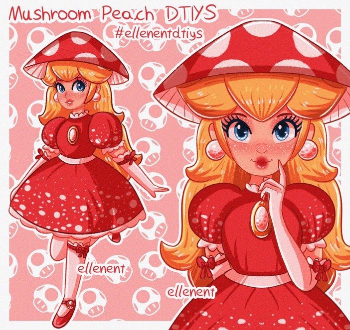 My entry for @ellenent DTIYS Challenge!! 🍄👑❤️ (I made it using my own redesign I did for peach,, also last minute entry cause I lowkey almost forgot to do it 😭) #myart #ellenentdtiys #dtiys #princesspeach #princesspeachredesign #mushroompeach #mushroomdress #digitalart