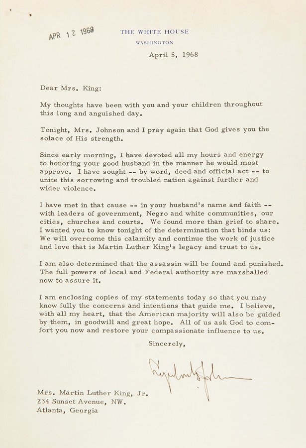 #OTD 1968: President #LyndonJohnson wrote a letter to #MLK’s widow, CorettaScottKing, following his assassination. 'We will overcome this calamity and continue the work of justice and love that is #MartinLutherKing's legacy...' #USHistory