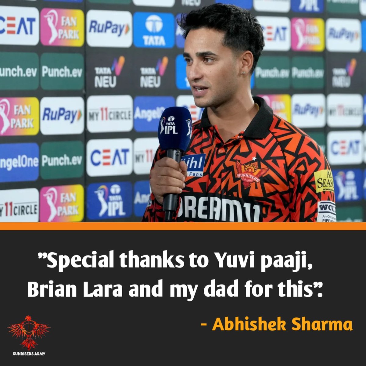 Abhishek sharma thanks his dad, @YUVSTRONG12 and @BrianLara for helping him to become the player he is now. 

#OrangeArmy #SRHvsCSK #IPL2024