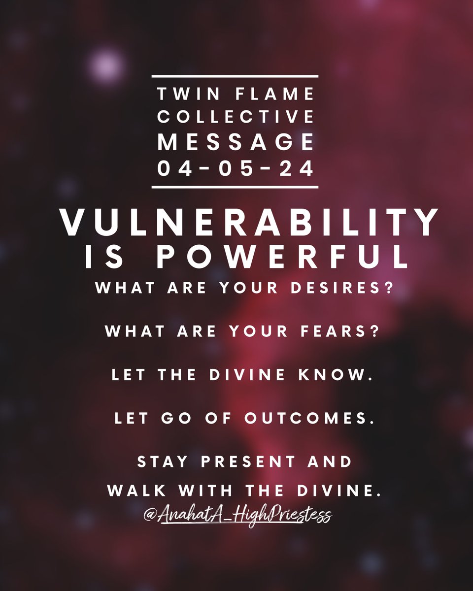 Vulnerability is powerful.

What are your desires?

What are your fears? 

Let the Divine know. 

Let go of outcomes. 

Stay present and walk with the Divine.

#SpiritualWarfare #TwinFlameJourney #TwinFlameUnion #UnionWithTheDivine #AwakenToYourPurpose #SurrenderToTheUniverse…