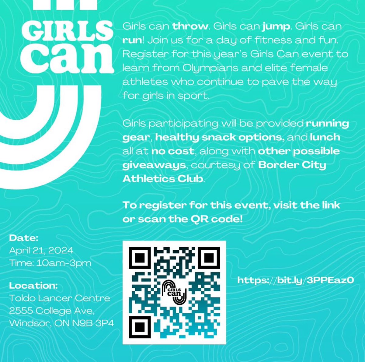 #GirlsCan Sunday April 21st 10am-3pm @ Toldo Lancer Centre. Girls 10-15 Can -Olympians 🥇 - free lunch 🍽️ - gear & swag 😎 - fun,fitness-filled day 👟 #GirlsCan Supports Black,Indigenous, & underrepresented girls but welcomes all girls. 🔗: bit.ly/3PPEaz0 #TheCityAC