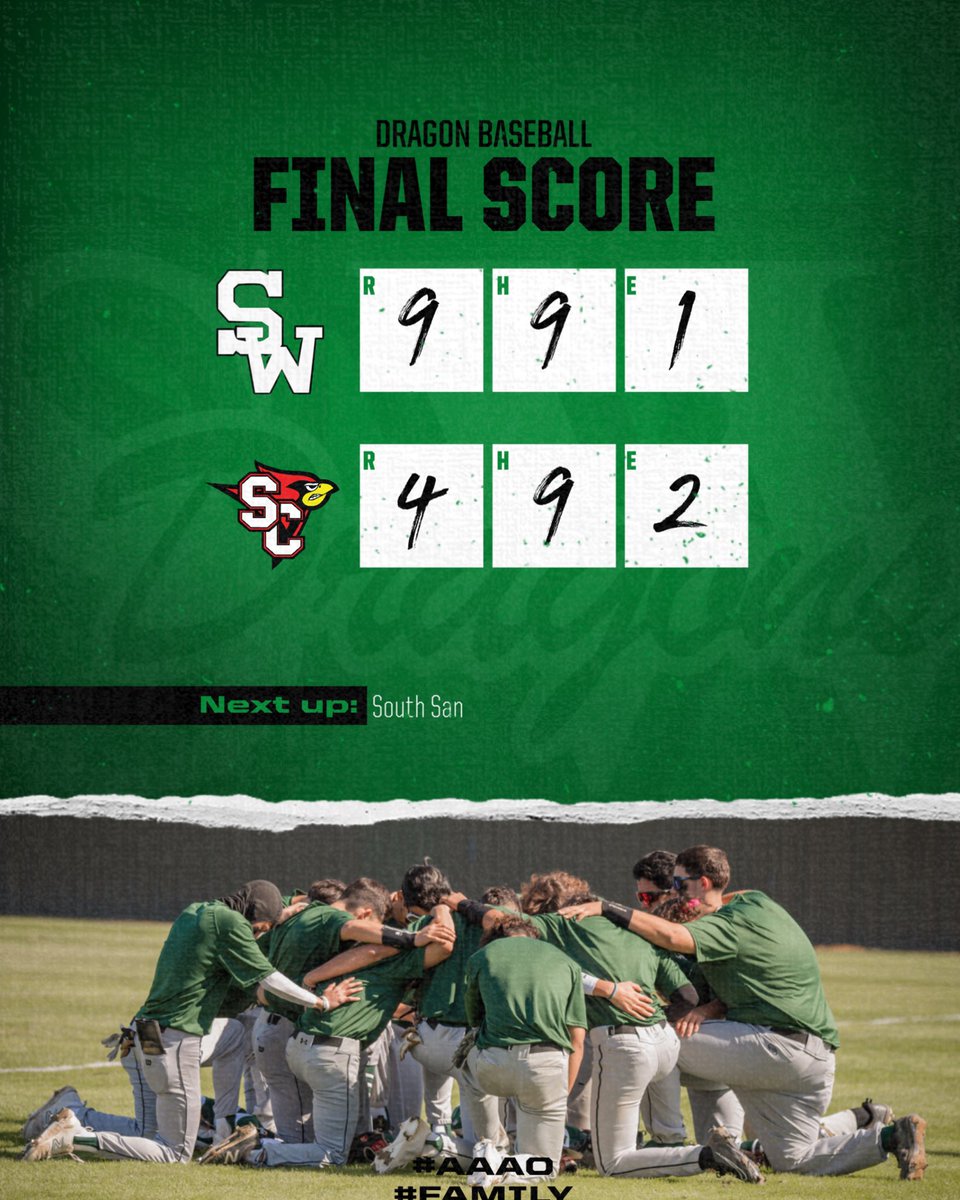 Dragon Baseball (@swhs_bsb) on Twitter photo Dragons get a tough win vs. Southside! We will be back at it on Friday vs. South San.
#AAAO #Family
<a href="/swisd_athletics/">SWISD Athletics</a> <a href="/SASWAthletics/">SWHS Athletics</a> <a href="/rcaudiosports/">RC Audio Sports</a> <a href="/TxHS_Baseball/">TxHSBaseball</a> Dragons get a tough win vs. Southside! We will be back at it on Friday vs. South San.
#AAAO #Family
<a href="/swisd_athletics/">SWISD Athletics</a> <a href="/SASWAthletics/">SWHS Athletics</a> <a href="/rcaudiosports/">RC Audio Sports</a> <a href="/TxHS_Baseball/">TxHSBaseball</a>