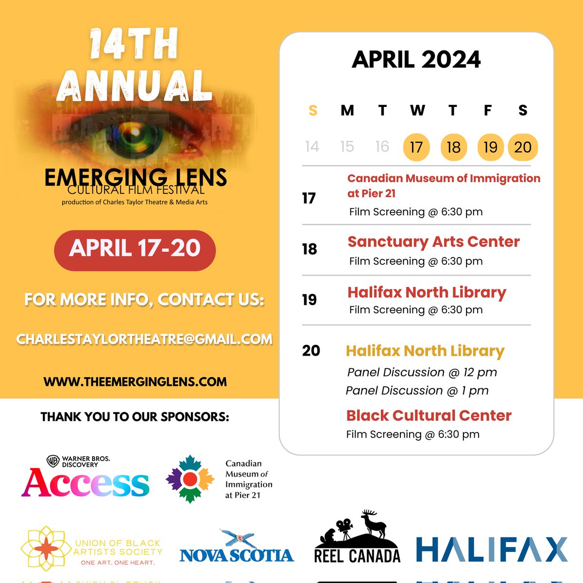 Visit our website for full festival details! 
Plan your week with us at 4 different locations around HRM. All events are free! Expect live entertainment, dynamic film programming and snacks 🎥 Theemerginglens.com 

#film #filmfestival #awards #halifax  #novascotia #Canada