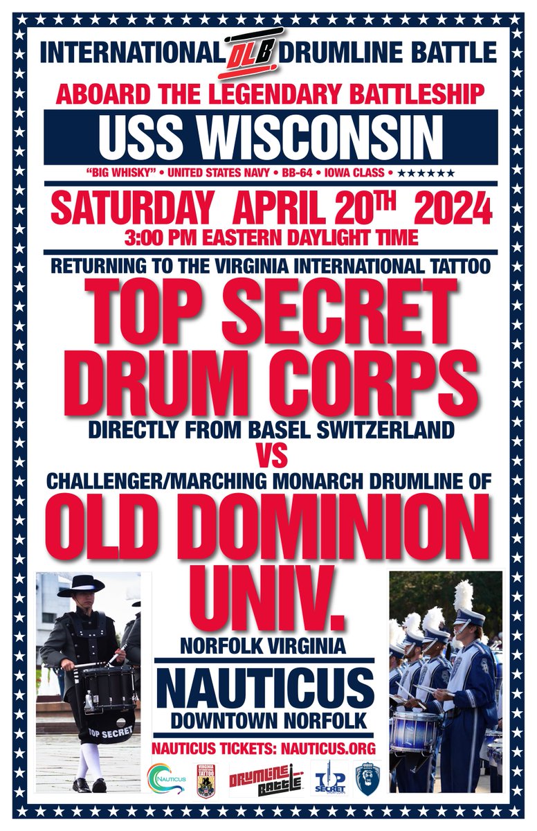 Drum Corps International (@dci) on Twitter photo Two weeks from today, <a href="/DrumlineBattle/">DCI’s DrumLine Battle</a> action aboard the legendary USS Wisconsin in Norfolk!!
<a href="/tsdcofficial/">TopSecretDrumCorps</a> VS <a href="/ODUMMB/">MonarchMarchingBand</a> Drumline Two weeks from today, <a href="/DrumlineBattle/">DCI’s DrumLine Battle</a> action aboard the legendary USS Wisconsin in Norfolk!!
<a href="/tsdcofficial/">TopSecretDrumCorps</a> VS <a href="/ODUMMB/">MonarchMarchingBand</a> Drumline
