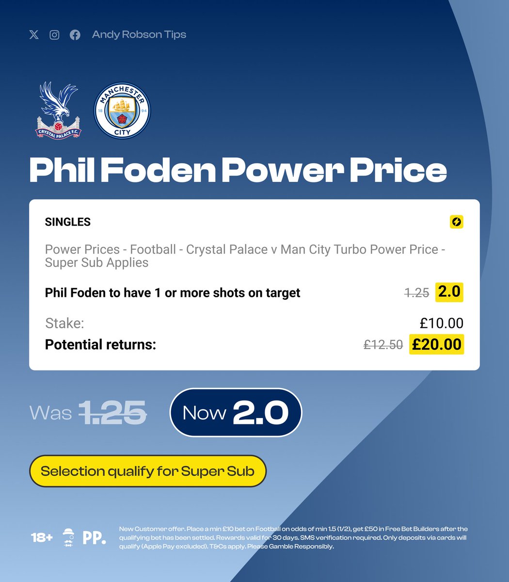 AndyRobsonTips's tweet photo. 🚀 POWER PRICE: Phil Foden to have a shot on target (v Palace)

Load bet: https://t.co/DjwM6EbAZr

Join Paddy Power, stake £10, and you'll be credited with £50 in Free Bets today.

Claim offer: https://t.co/0fUJikswNa

⚡️ Boosted from 1.25 to 2.0.

18+, T&amp;Cs Apply. Ad. https://t.co/7lPuWQARRE