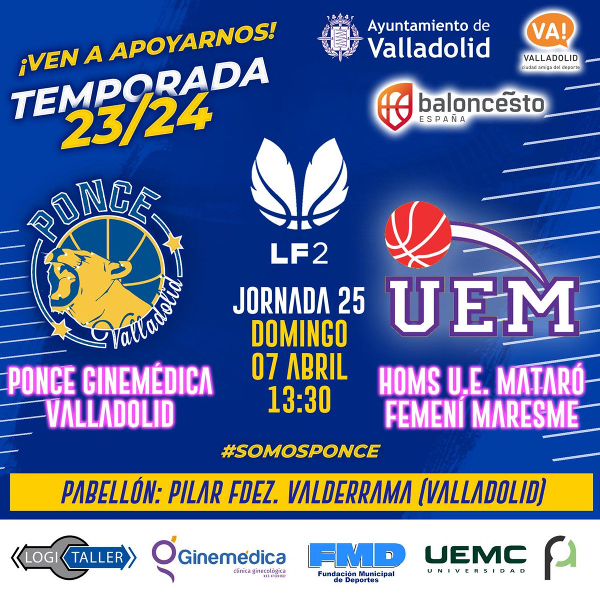 🔵🟡 LF2 🏀 ¡Último partido en el Pilar! Queremos devolver el apoyo recibido con una última victoria en casa. 🎟️ Entrada gratuita 🆚 @uemataro ⌚ Domingo, 13:30 🗓️ Jornada 25 📌 Pilar Fernández Valderrama 📺. canalfeb.tv/live?l=BD98BFE… #SomosPonce