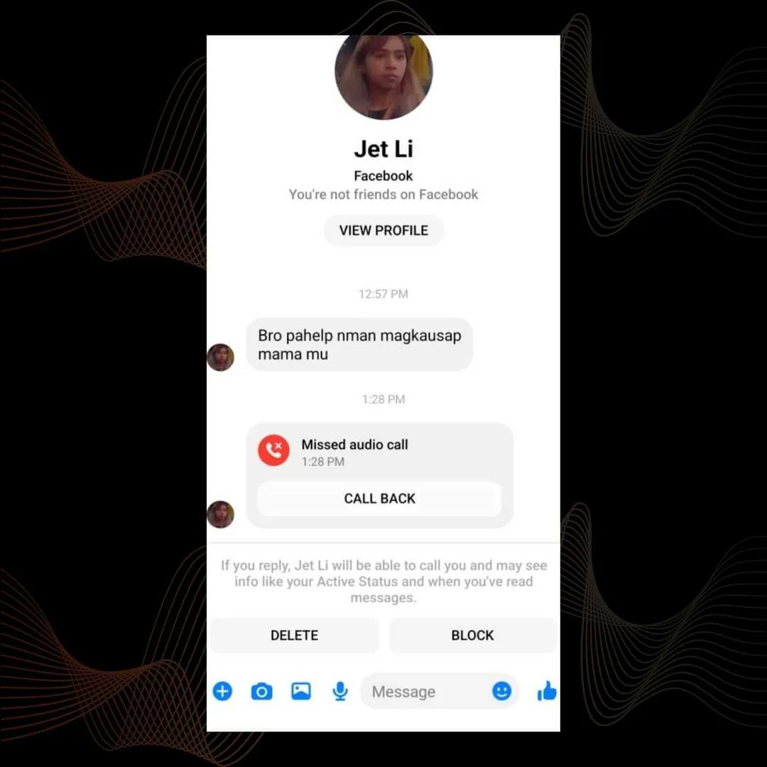taripnong's tweet photo. ALERT!

After a series of tailings and harssment to development worker Agnes Mesina, his son is also being harassed when he receives an unknown message and call from a dummy Facebook account named Jet Li. The dummy account is asking for his help to talk to his mother. https://t.co/De2FGro7kD