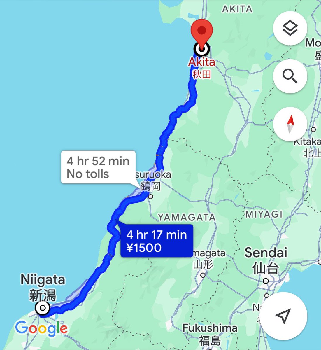 Bangke kirain peta dari Akita ke Niigata