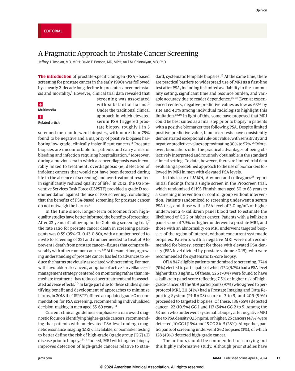 Editorial by Jeffrey Tosoian @UroOncJT, David Penson @urogeek, and @UMichPath Arul Chinnaiyan: A Pragmatic Approach to Prostate Cancer Screening ja.ma/3J7tlEK #EAU24