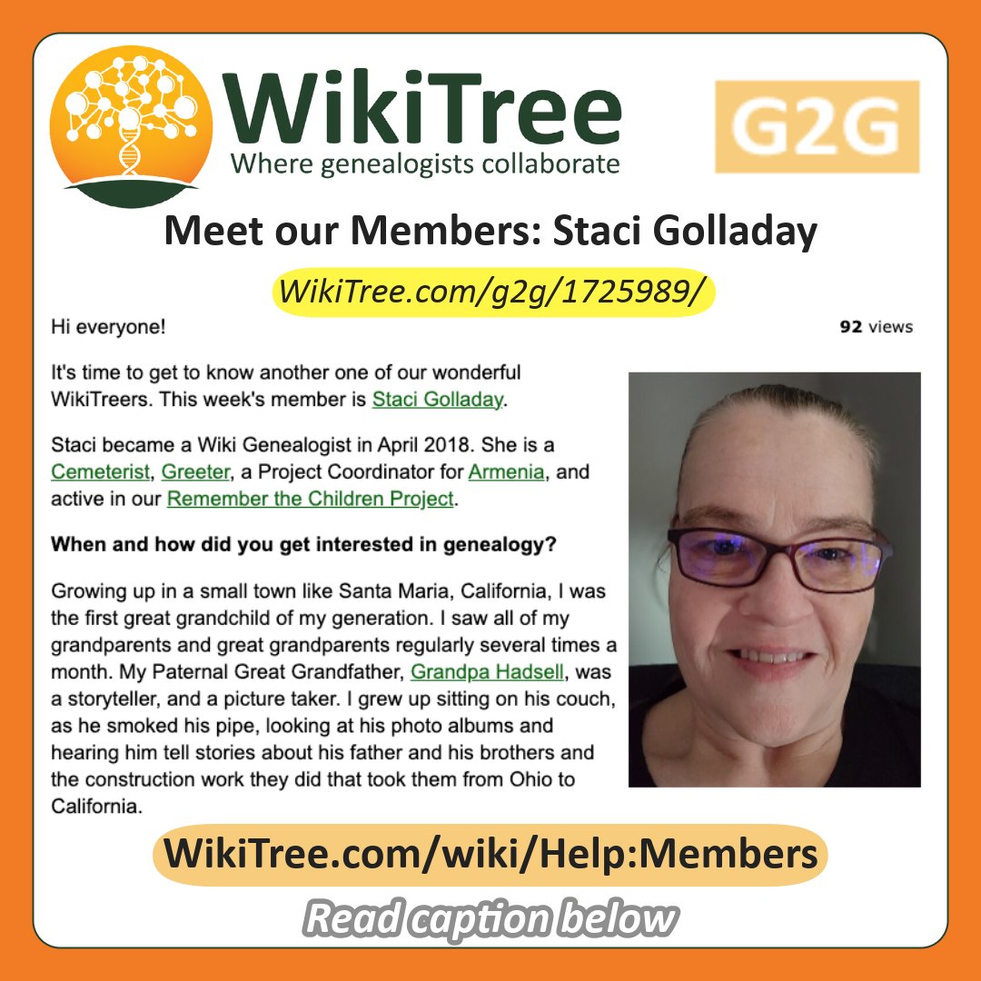 #WikiTreeMeetOurMembers: Staci Golladay WikiTree.com/g2g/1725989/?u… Learn more about our #WonderfulWikiTreers here each Saturday #CollaborativeGenealogy