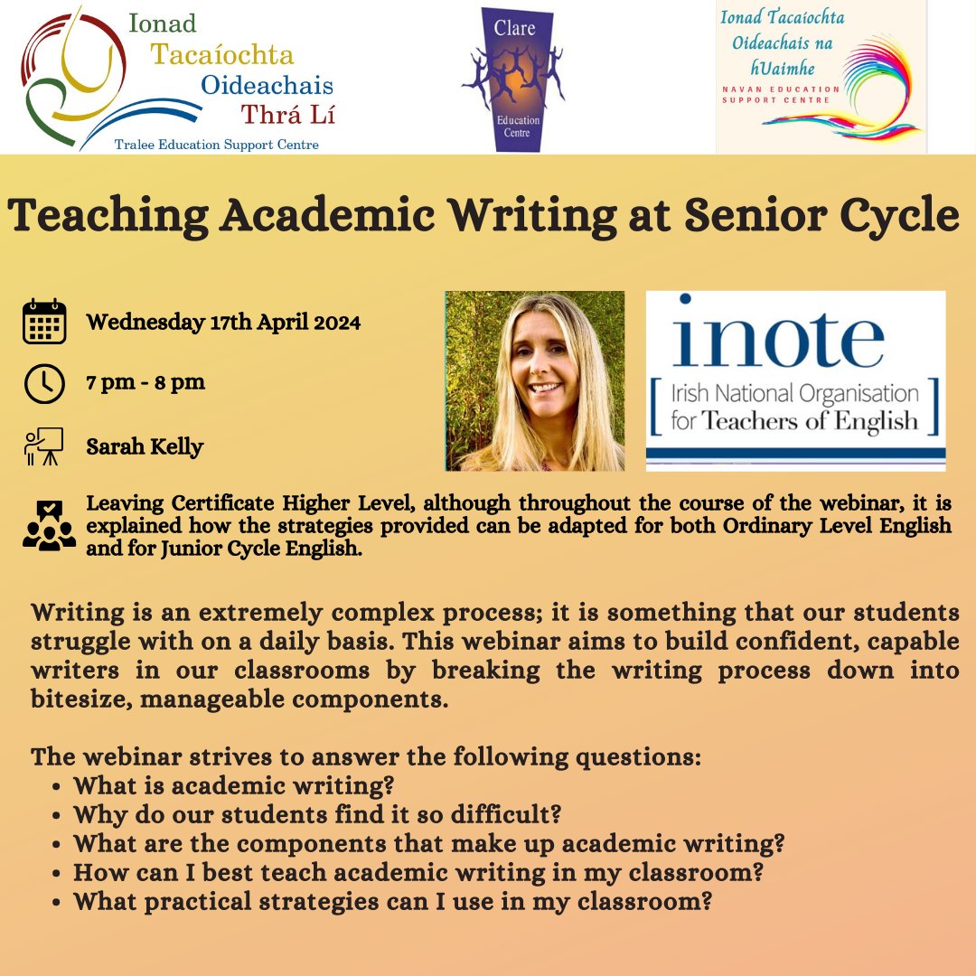📢 Post Primary English Teachers ➡️Teaching Academic Writing at Senior Cycle 📅Wednesday 17th April 2024 ⏲️7.00pm-8.00pm 🗣️Sarah Kelly 📌Zoom 💰FREE ®️ clareed.ie/cpd-courses-2/… @traleeesc @CentreNavan