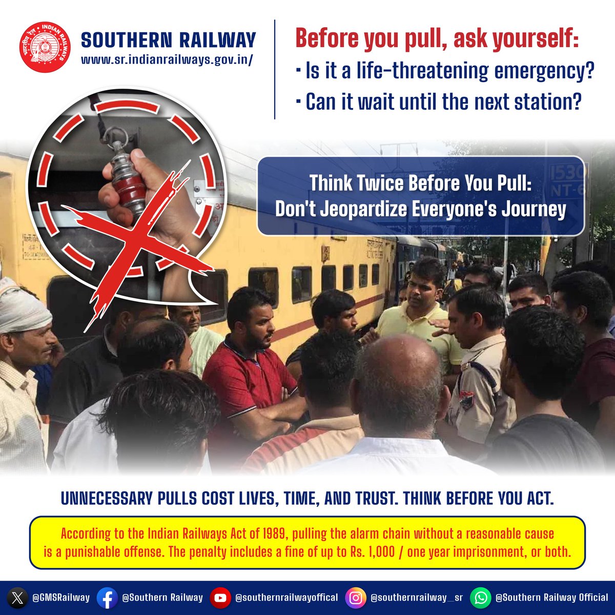 DrmChennai's tweet photo. Is it a life-threatening emergency? Can it wait until the next station? Understand the consequences. Respect the chain – it's a lifeline, not for minor inconveniences or impatience. 

#ThinkBeforeYouPull https://t.co/sk14h2NMN5