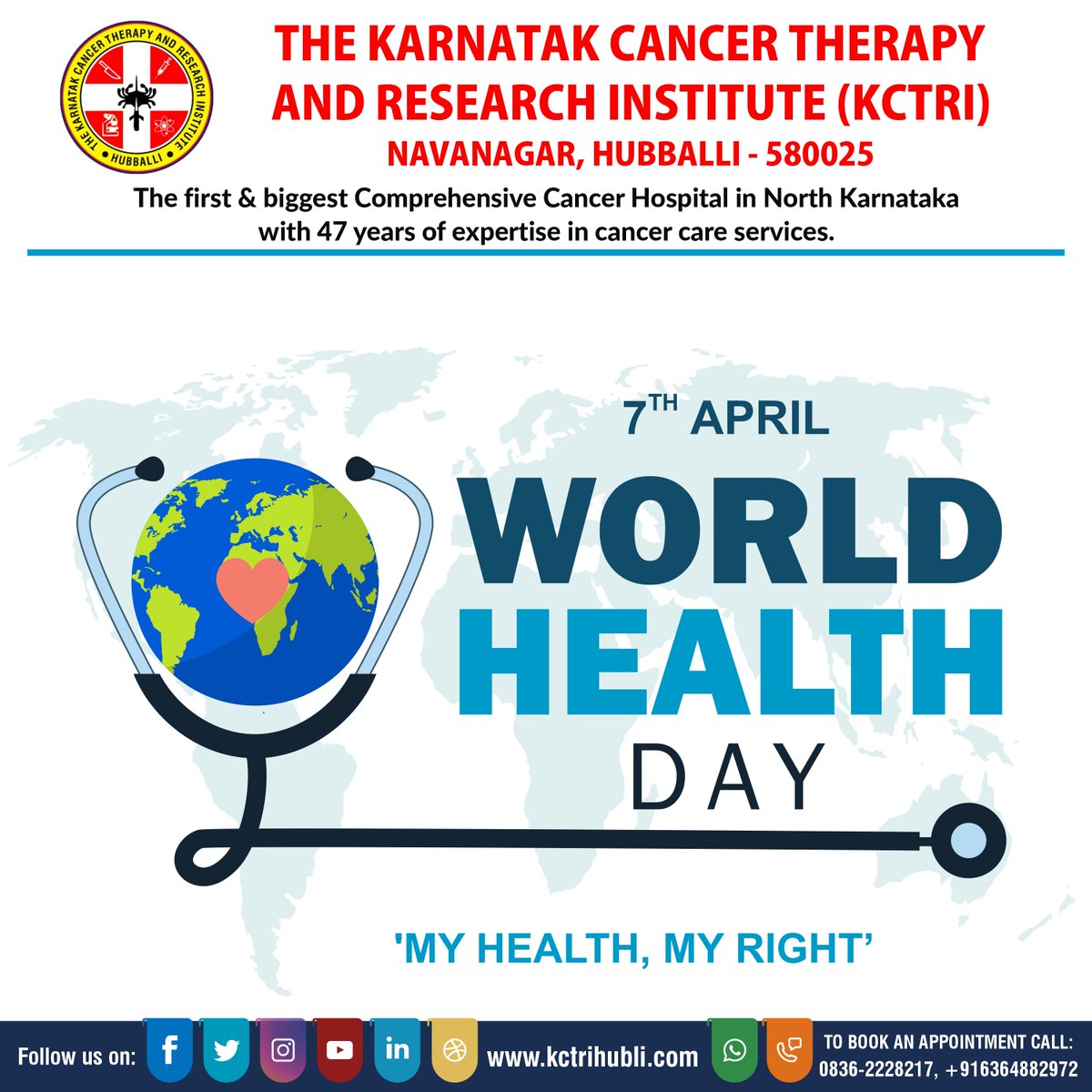 KCTRI, Navanagar, Hubballi wishes everyone a Happy World Health Day.
World Health Day 2024 Theme
'My Health, My Right’
#worldhealthday #worldhealthday2024 #health #worldhealthorganization #kctrinavanagrhubballi #kctrihubli #earlydetectionsaveslives #bestcancerhospitals #drbrpatil