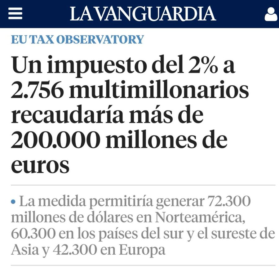 El problema es que los ricos no pagan su parte. Los milmillonarios tienen unos tipos impositivos efectivos entre el 0% y el 0,5% de su riqueza. Un impuesto global del 2% sobre su riqueza recaudaría 214.000 millones de dólares (afectando 2.756 personas) al año.