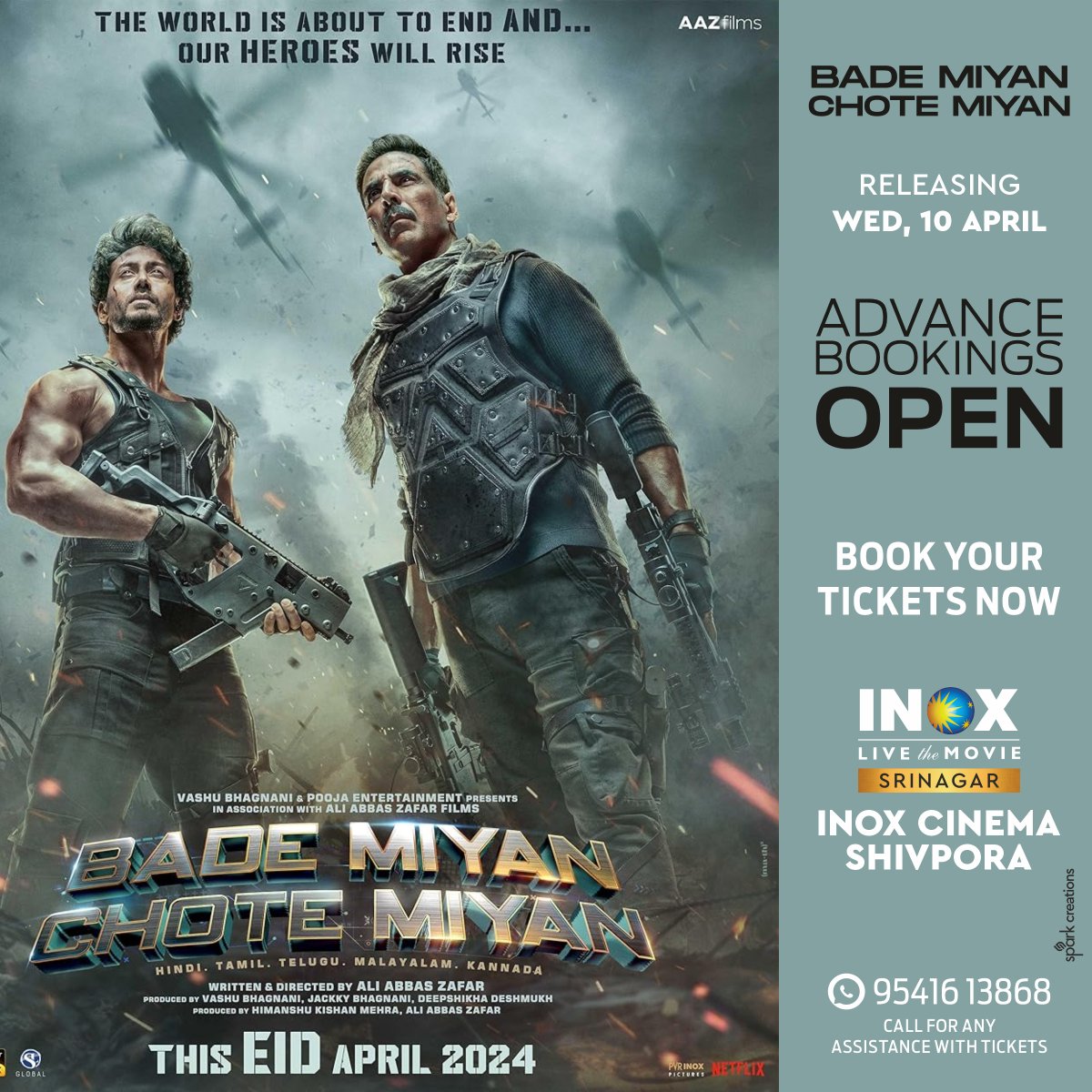 You are this close to experiencing REAL ACTION in theaters! 🤜🤛
#BadeMiyanChoteMiyan advance booking are open.

Experience it in CINEMAS ON 10th APRIL!

#BadeMiyanChoteMiyanOnApril10 #BadeMiyanChoteMiyanOnEid2024 #inoxsrinagar #srinagar #kashmir #inox #movies #cinema #bollywood…