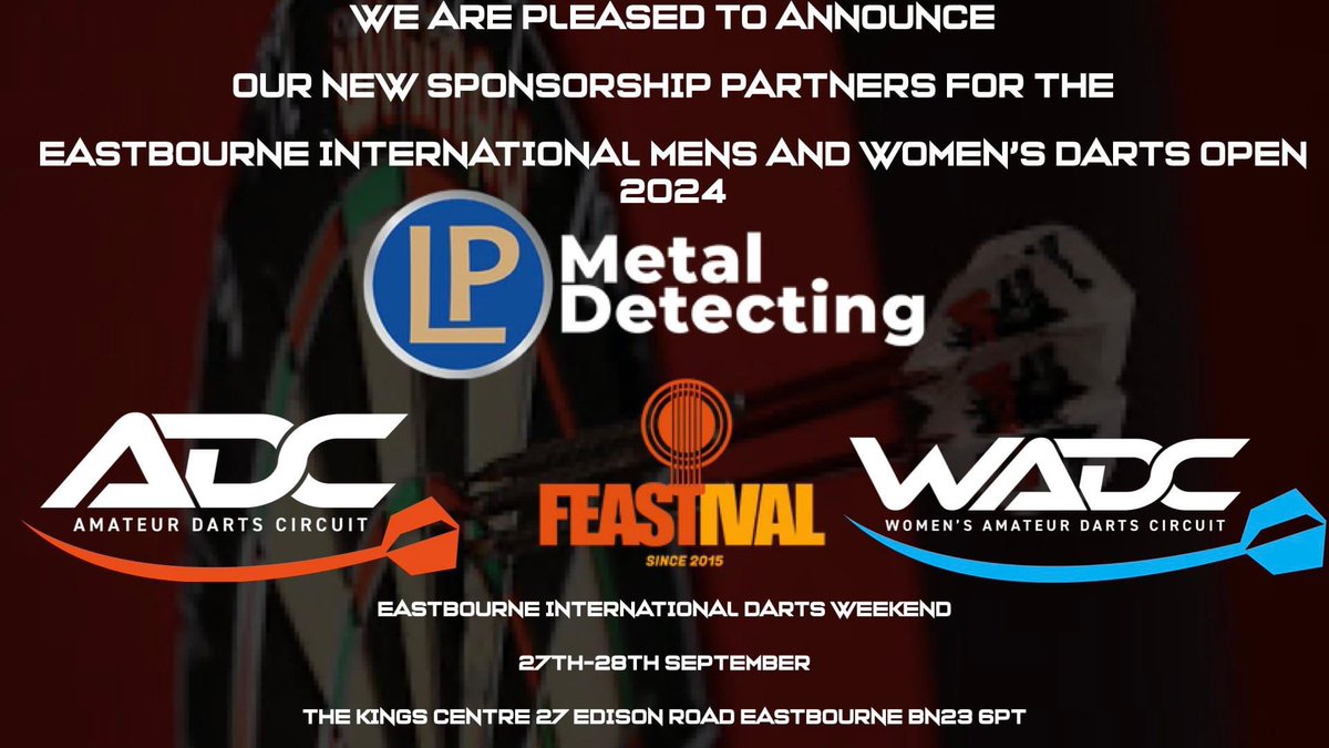 FEASTIVAL EVENTS (@moncktonsimon) on Twitter photo Feastival Events are pleased to announce that <a href="/lpdetecting/">LP Metal Detecting</a> are the Men's and Women's main tournament sponsor for the Eastbourne International Darts Open
Thank you we look forward to welcoming you to the Kings Centre this September for the UK's biggest amateur darts event in 2024 Feastival Events are pleased to announce that <a href="/lpdetecting/">LP Metal Detecting</a> are the Men's and Women's main tournament sponsor for the Eastbourne International Darts Open
Thank you we look forward to welcoming you to the Kings Centre this September for the UK's biggest amateur darts event in 2024