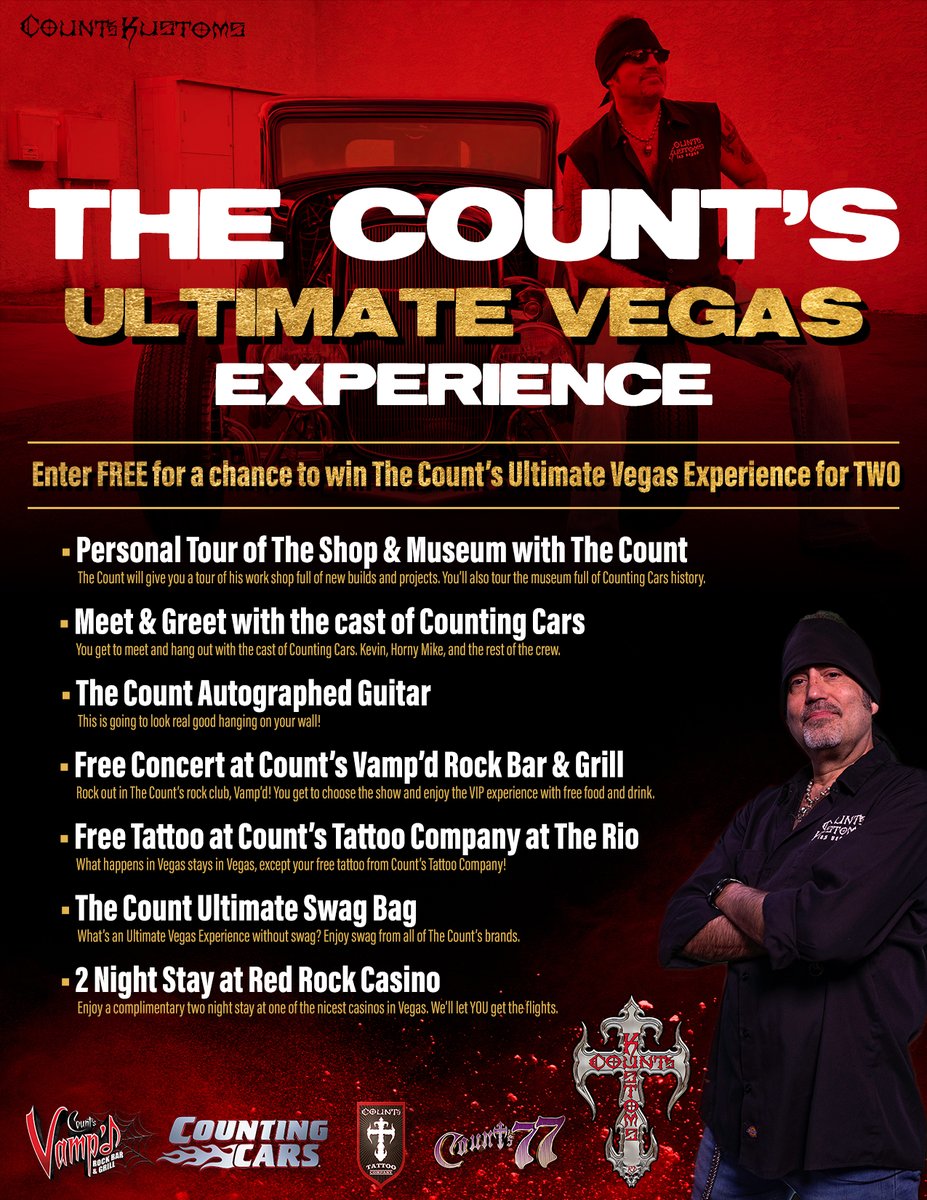 Enter now to win The Count’s Ultimate Vegas Experience! You'll get a meet & greet with @DannyCountKoker and the Count’s Kustoms crew, signed guitar, and more! Free to enter (ends April 10)! Entry form: countskustoms.com/ultimate/ #history #lasvegas #countskustoms #countingcars