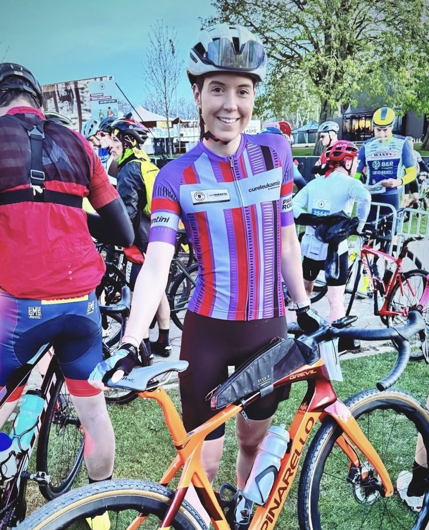 Instagram Influencer Amy Hudson is ready to rock and roll at @parisroubaix in CL colours thanks for @SANTINI_SMS! #ParisRoubaix #Cobbles #Paris #Roubaix #BloodCancer #Cycling