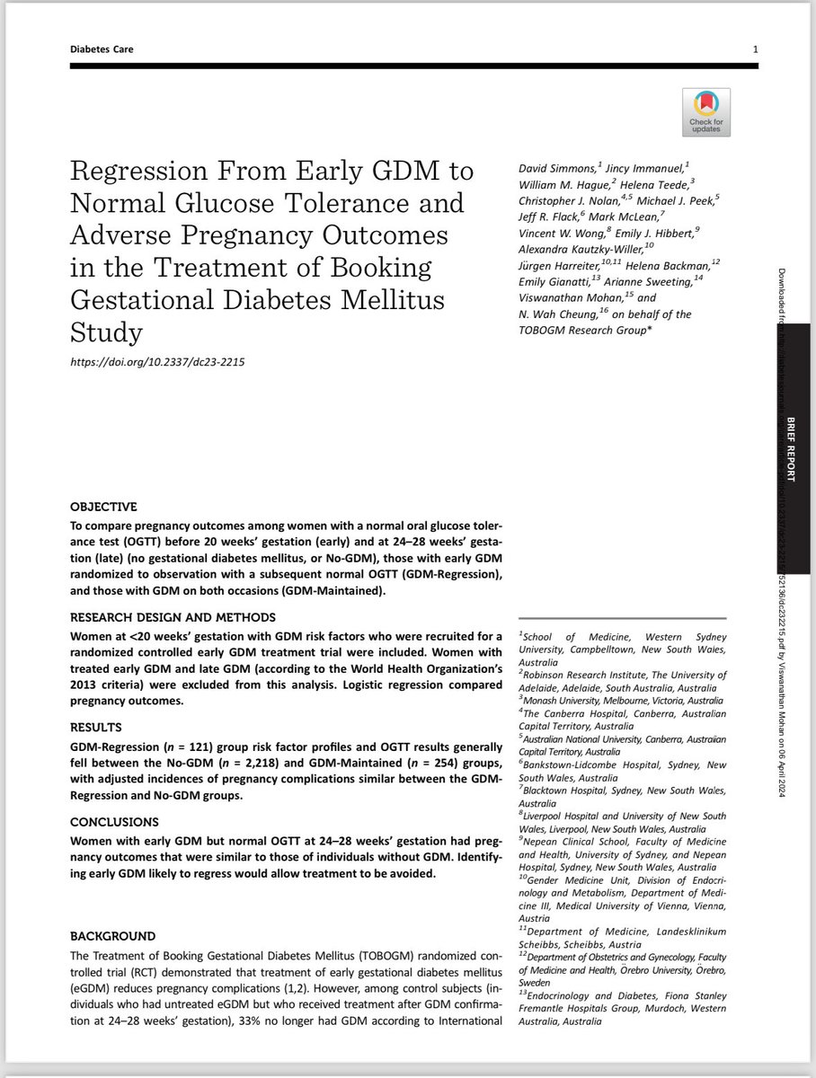 Our latest paper on #gestationaldiabetes from TOBOGM study shows that women with early GDM who regressed to normal in 2nd Trimester of pregnancy have normal pregnancy outcomes ⁦@DiabetesCareADA⁩ ⁦@StevenKahn11⁩ #TOBOGM #GDM
