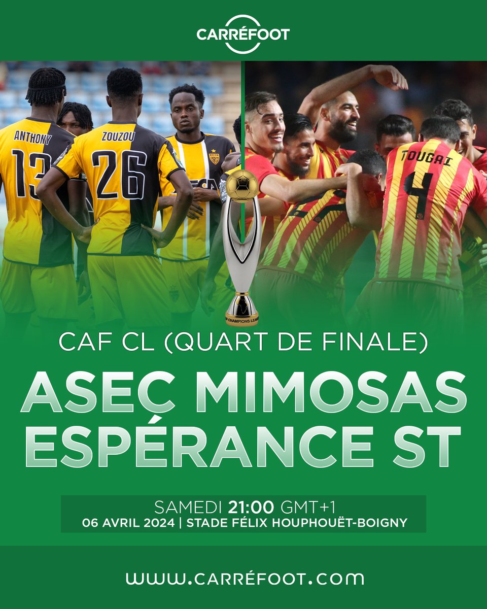 L'ASEC Mimosas accueille l'Espérance Tunis dans un duel décisif des quarts de finale retour, après un match aller nul 0-0. Les Mimos doivent prendre des risques  pour renverser une équipe de l'Espérance invaincue depuis 13 matchs.

#TotalEnergiesCAFCL #EspéranceST #AsecMimosas