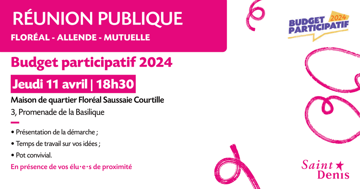 BUDGET PARTICIPATIF | Le 11 avril à 18h30, participez à une réunion publique d’information sur le budget participatif 2024. ✨ 👉 Au programme : présentation de la démarche, temps de travail sur vos idées et pot convivial ! 📍 Maison de quartier Floréal Saussaie Courtille