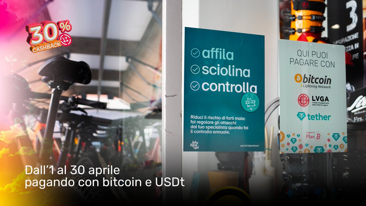 Buy sports equipment, a bike or your skis for the winter at Balmelli Sport with #bitcoin or #USDt in Lugano from April 1st to April 30th and receive a 30% cashback! 🏂🚴‍♂️🏅 planb.lugano.ch/30-cashback-sp… #LuganoPlanB