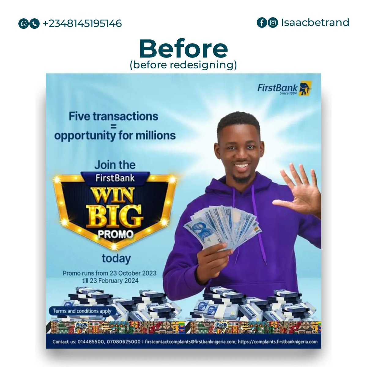 ISKOZON's tweet photo. I saw a social media design for @FirstBankngr and decided to redesign it drop your thoughts in the comment section.. DM me for your social media design and branding
#iskozonbetrand #isaacbetrand #firstbank #designsimplified #socialmedia #designproject #fyp #viral #explore https://t.co/DDAYOCEcD6