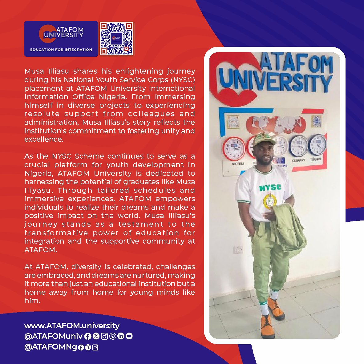 Live through the NYSC journey of Musa Iliyasu at ATAFOM University International! 

Visit Our Website: ATAFOM.university

#ATAFOM #ATAFOMUniversity #atafomnigeria #ATAFOMNG #onlinecampus #onlinelearning #onlineuniversity #enrollnow #nysc_9ja #nysc #admissionopen2024_2025