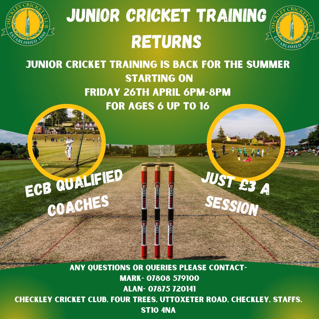 🏏 Spring into action! Junior training is back in full swing on Friday, April 26th at Checkley Cricket Club #checkleycc #juniorcricket #uptheaces