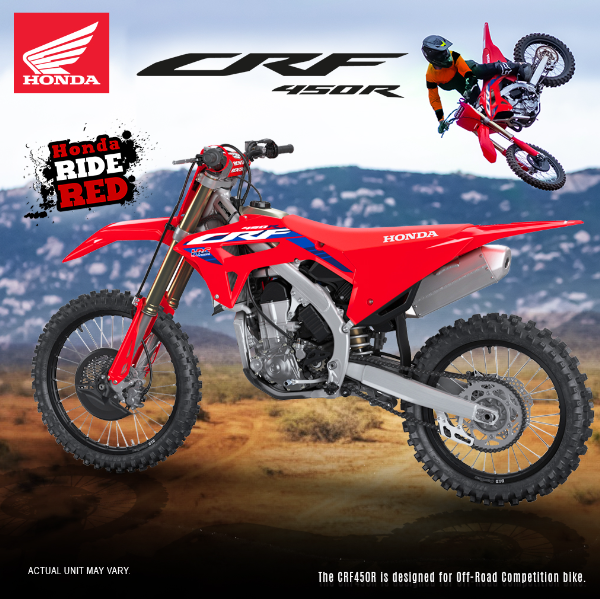 Break the limits of your dream tough road rides with the CRF450R.

This off-road competition bike is built to dominate and conquer the trails with its powerful engine and durability.

Get yours now!

#CRF450R
#HondaRideRed
#HondaPH
#OneDream