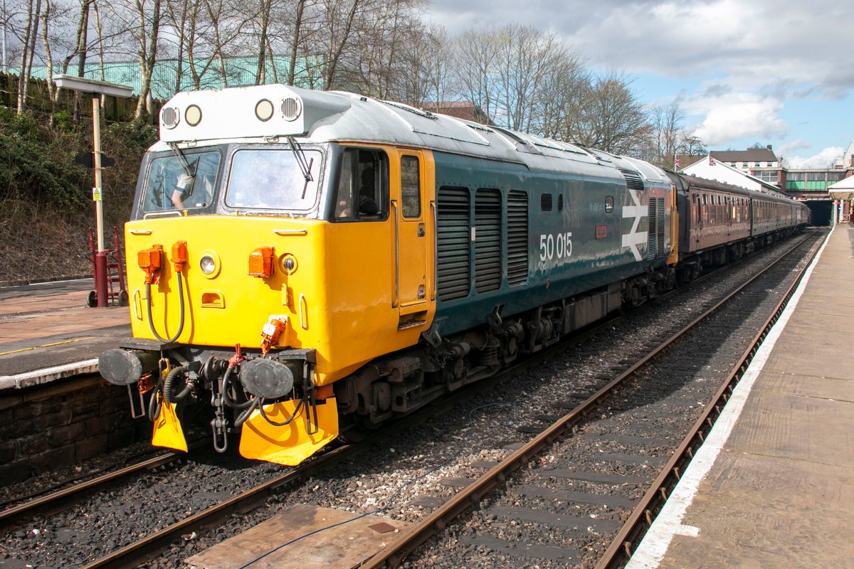 Large logo Class 50 50015 'Valiant' at Bury Bolton Street with the 1417 Rawstenstall - Heywood on the East Lancashire Railway on 29/03/2024. #Class50 @eastlancsrly